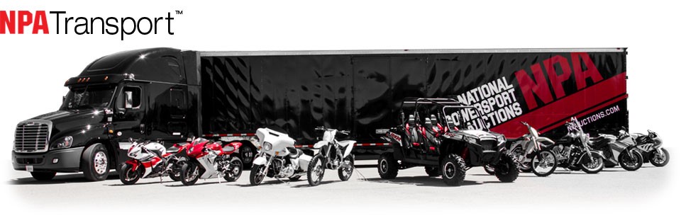 Many powersport vehicles fanned out in front of a semi truck with an NPA trailer